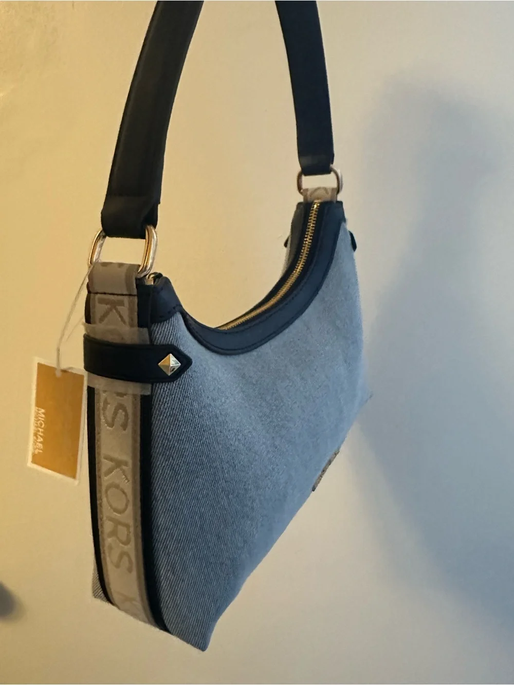 Michael Kors Light Blue Denim Shoulder Hobo Bag with Navy Leather Trim